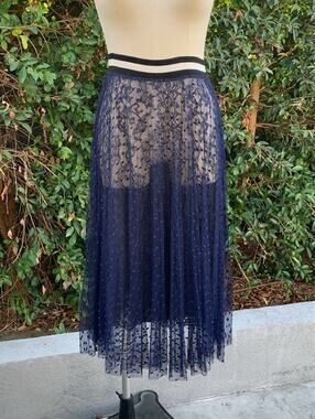 Lloyd/Ford 2-Layer A-Line Lace & Polka Dot Mesh Midi Skirt Navy Blue Size 2 USA